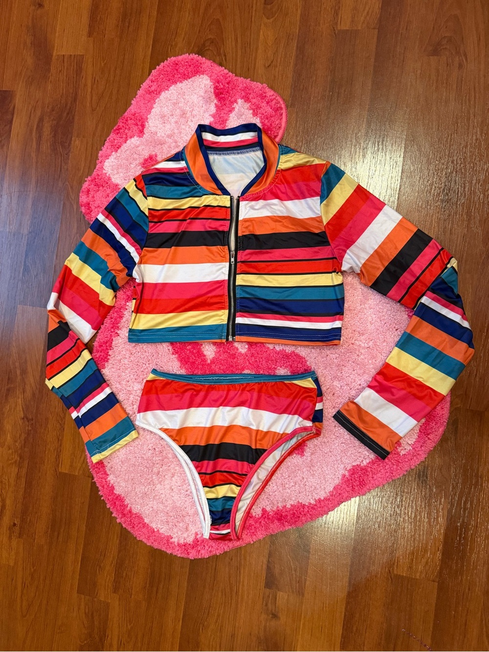 Multicolor Striped Two-Piece Swim Set with Long Sleeve Zip Top